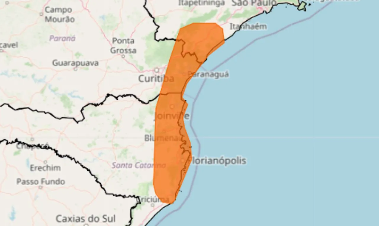 o mapa mostra as &aacute;reas em alerta para chuva intensa e ventos
